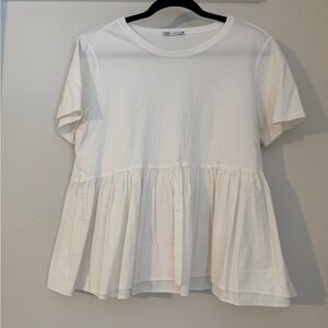 Zara White Peplum Tee with Gathered Hem